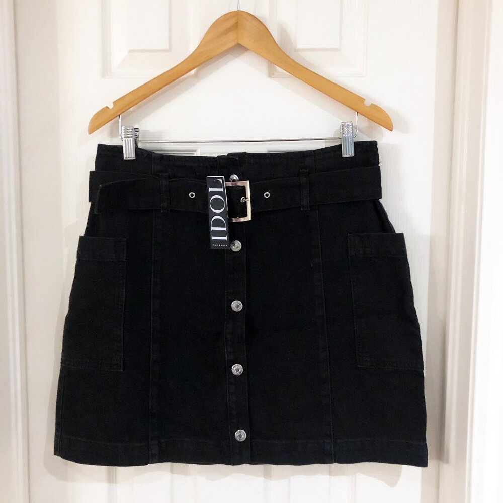 Topshop Black Denim Cargo Skirt, Button Front, Belt